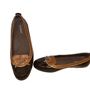 L.L. Bean chocolate brown tan leatehr rubber boots ballet slipper rain shoes 9.5